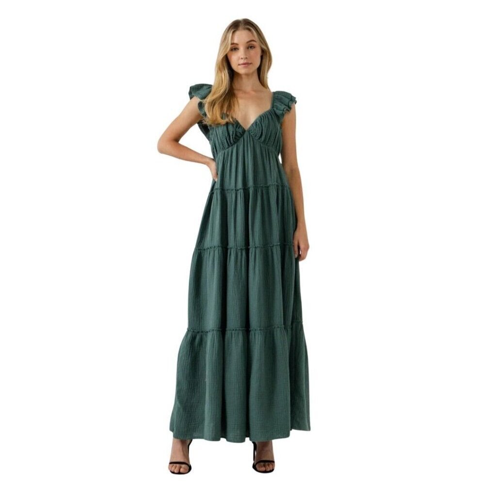 Fall Boho Women's Green maxi dress with Raw Edge. Size L. Free The Roses